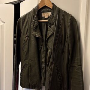 Michael Kors Olive Green Leather Moto Jacket
